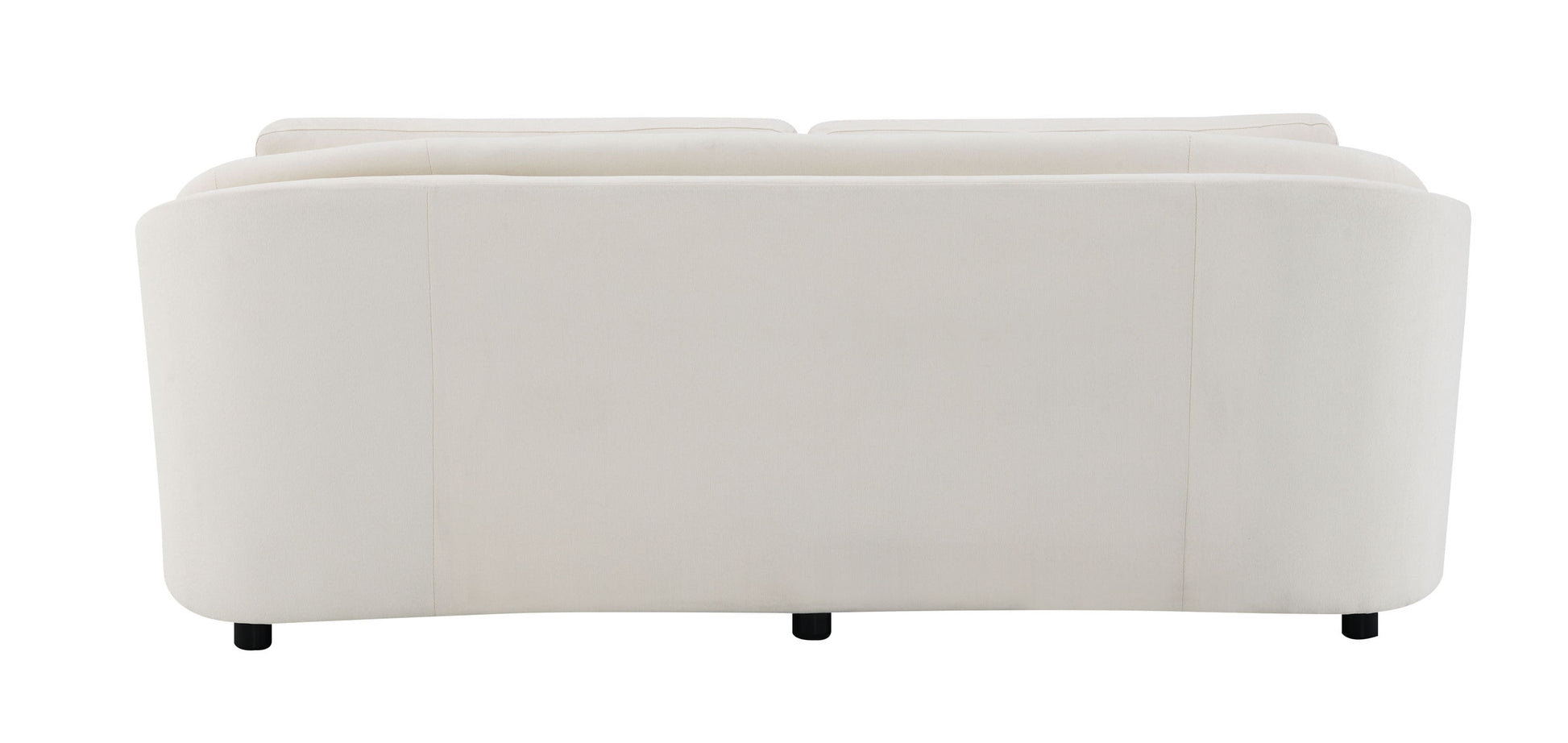 The Mariko Linen Sofa in beige, shown from the back, features a smooth, curved design with short black legs and includes 2 toss pillows.