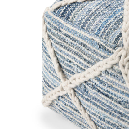 Close-up of the Cowan - Handcrafted Square Pouf featuring textured blue and white striped fabric, wrapped with thick, braided off-white rope in a crisscross pattern.