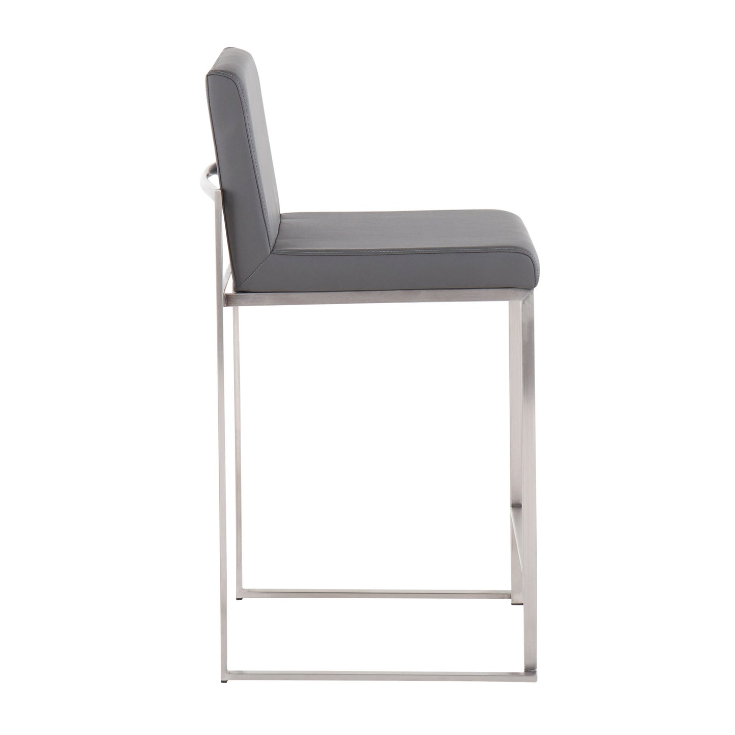 The Fuji - Contemporary High Back Counter Stool features a gray cushioned seat and backrest on a sleek, rectangular metal frame, shown from the side against a white background.