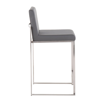 The Fuji - Contemporary High Back Counter Stool features a gray cushioned seat and backrest on a sleek, rectangular metal frame, shown from the side against a white background.