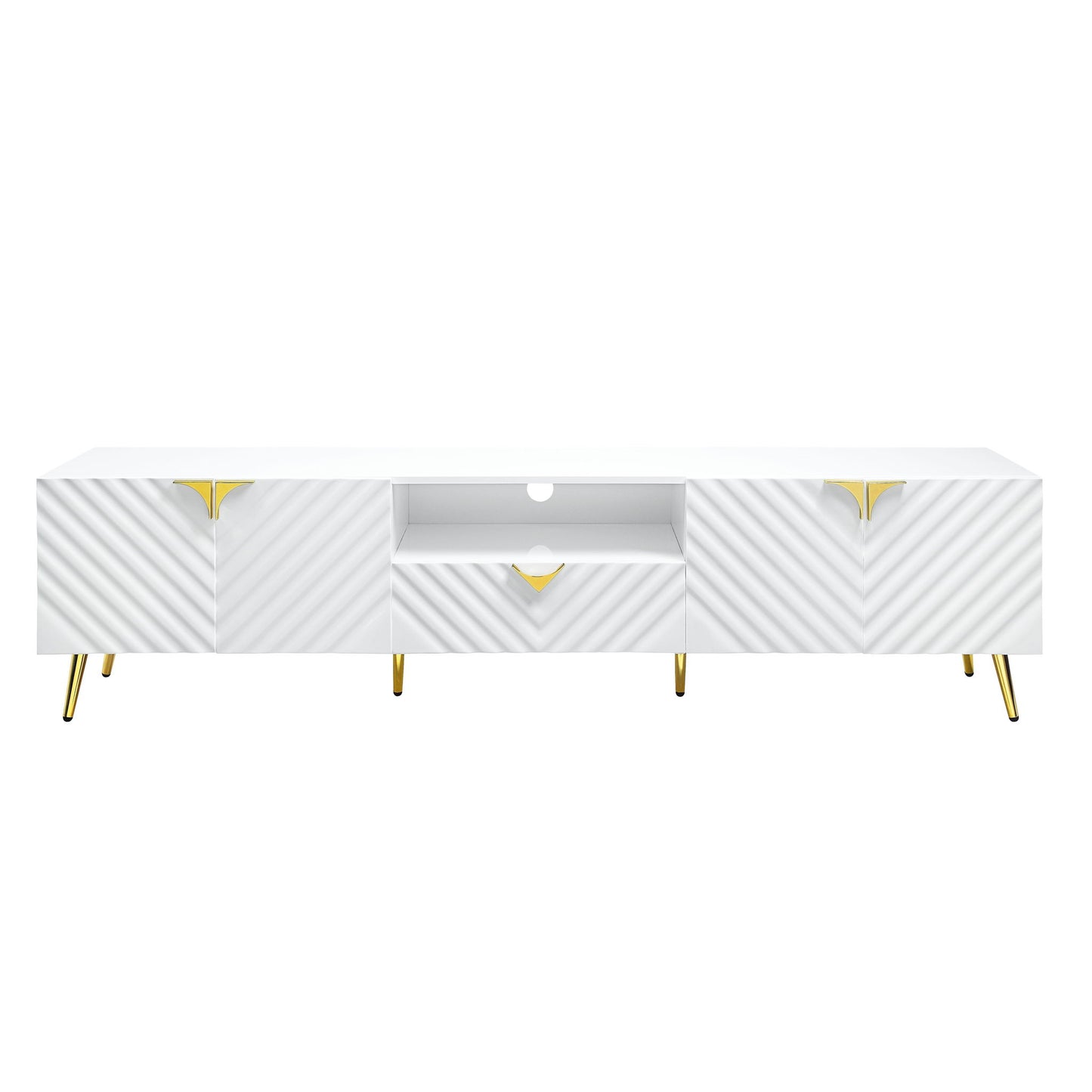 The Gaines - High Gloss TV Stand in white features diagonal textured patterns, gold-accented handles, gold metal legs, two cabinets, one drawer, and an open central shelf with a circular cable management hole.
