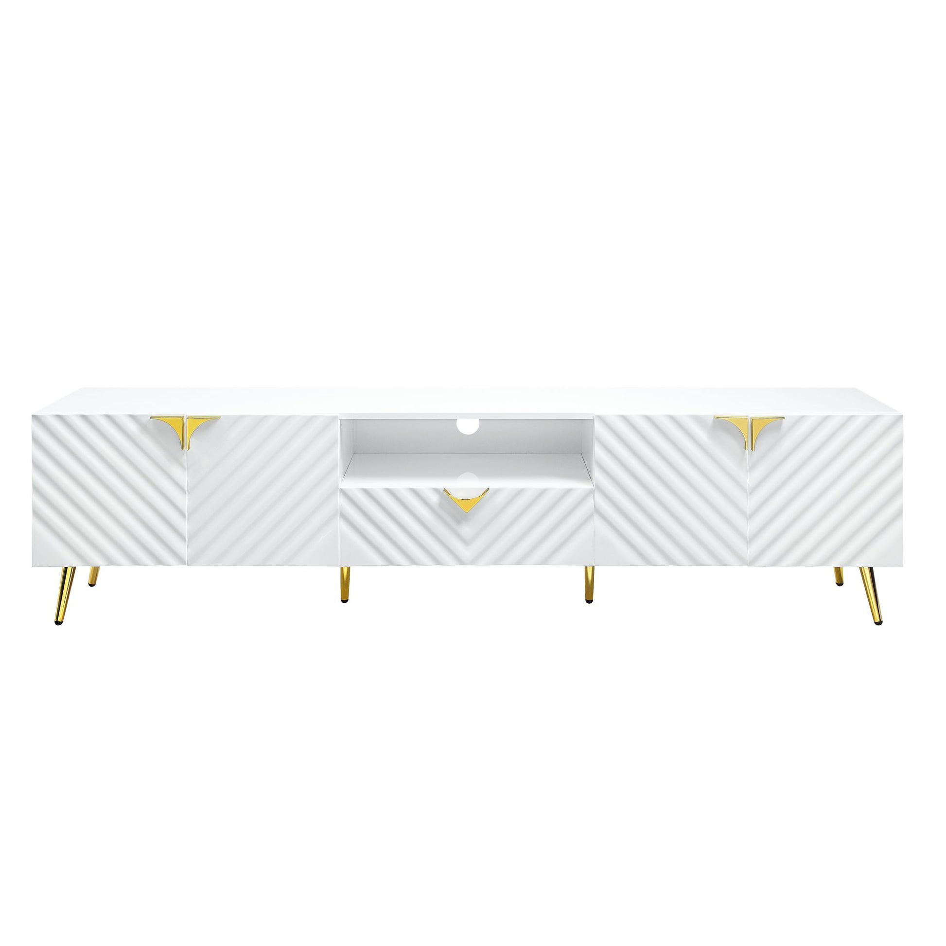The Gaines - High Gloss TV Stand in white features diagonal textured patterns, gold-accented handles, gold metal legs, two cabinets, one drawer, and an open central shelf with a circular cable management hole.