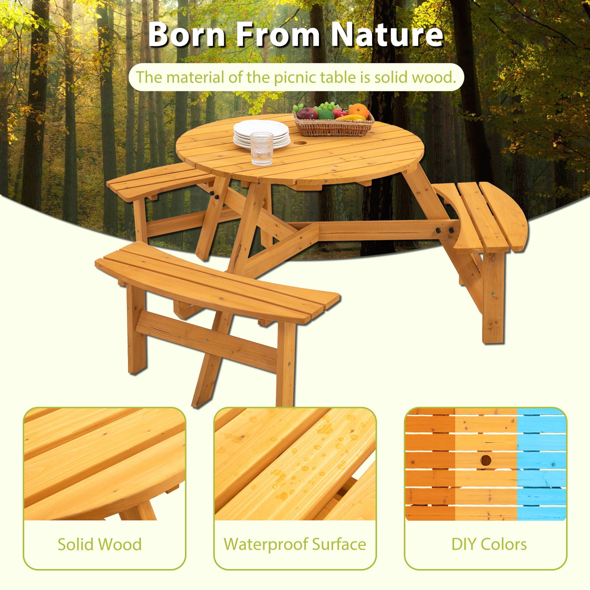The 6 Person Circular Outdoor Wooden Picnic Table, featuring 3 built-in benches and a 1,720lb capacity, is shown in a forest. Insets highlight its solid wood build, waterproof finish, and customizable colors—natural, orange, blue, and yellow.