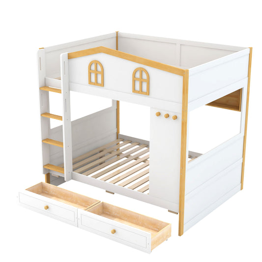 Bunk Bed With House Shaped Guardrails, Storage Shelves, And Trundle
