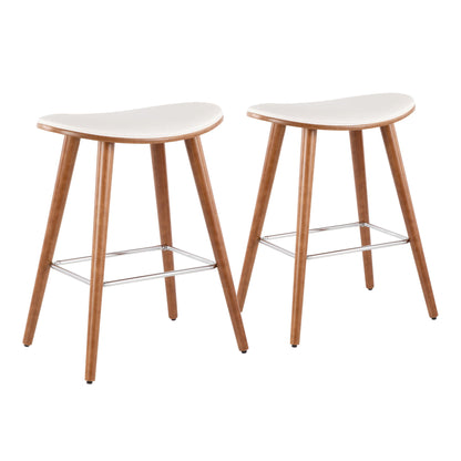 The Saddle - Contemporary Counter Stool (Set of 2) features modern bar stools with light wooden legs, metal footrests, and white curved seats, shown side by side against a white background.