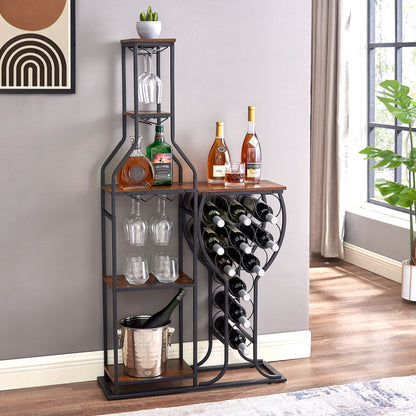 The 11 Bottle Wine Bakers Rack features five tiers, wine glass holders, and storage shelves for bottles and liquor. An ice bucket sits below, sunlight streams through the window, and geometric art hangs above on the gray wall.