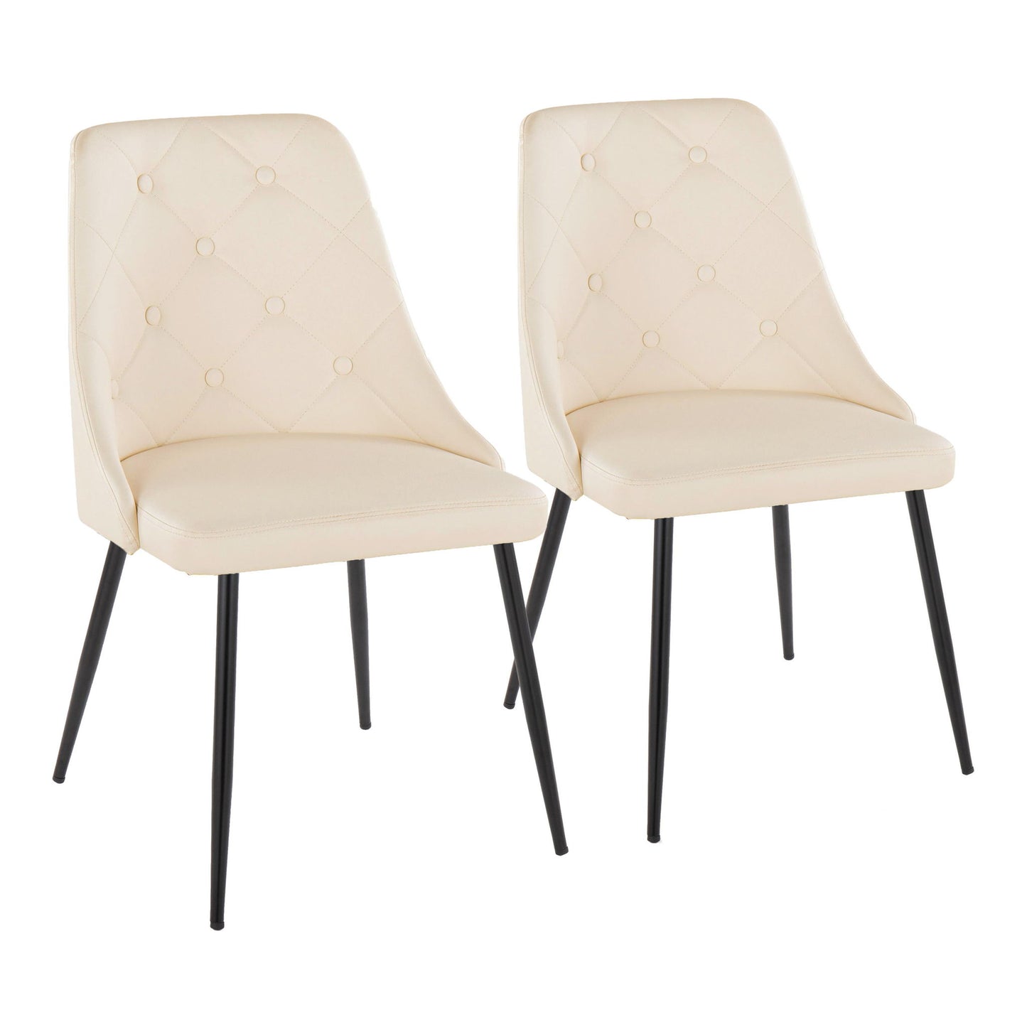 The Giovanni Contemporary Elegant Design Dining Chair set includes two chairs with cream quilted upholstery and black metal legs, shown side by side on a white background.