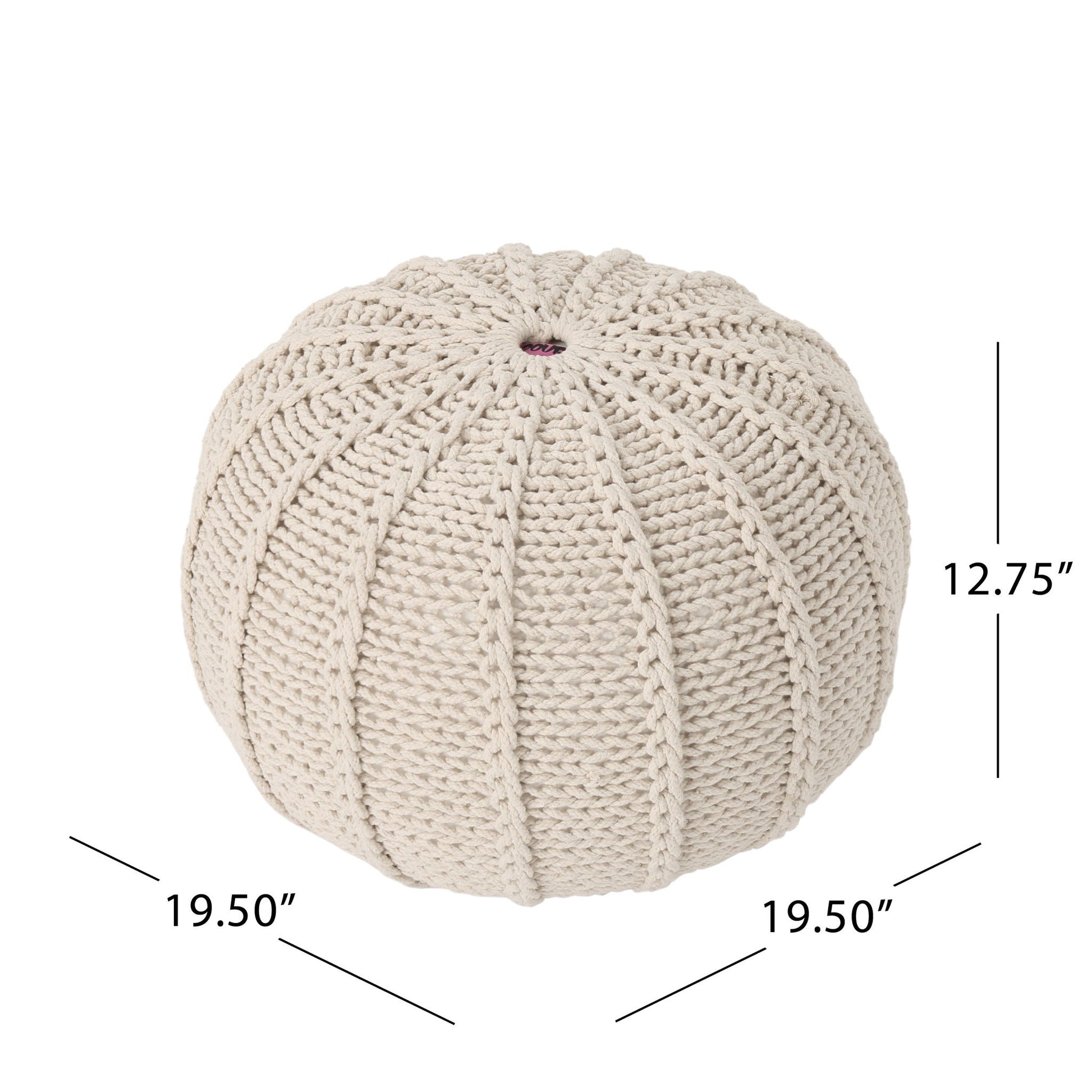 The Bordeaux Knitted Cotton Round Pouf Ottoman and Floor Cushion features a chunky textured knit with vertical ridges in beige, measuring 19.5" in diameter and 12.75" in height.