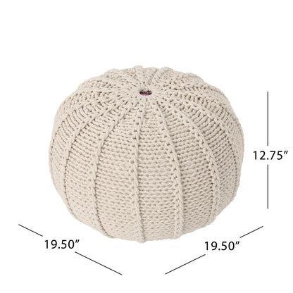 The Bordeaux Knitted Cotton Round Pouf Ottoman and Floor Cushion features a chunky textured knit with vertical ridges in beige, measuring 19.5" in diameter and 12.75" in height.