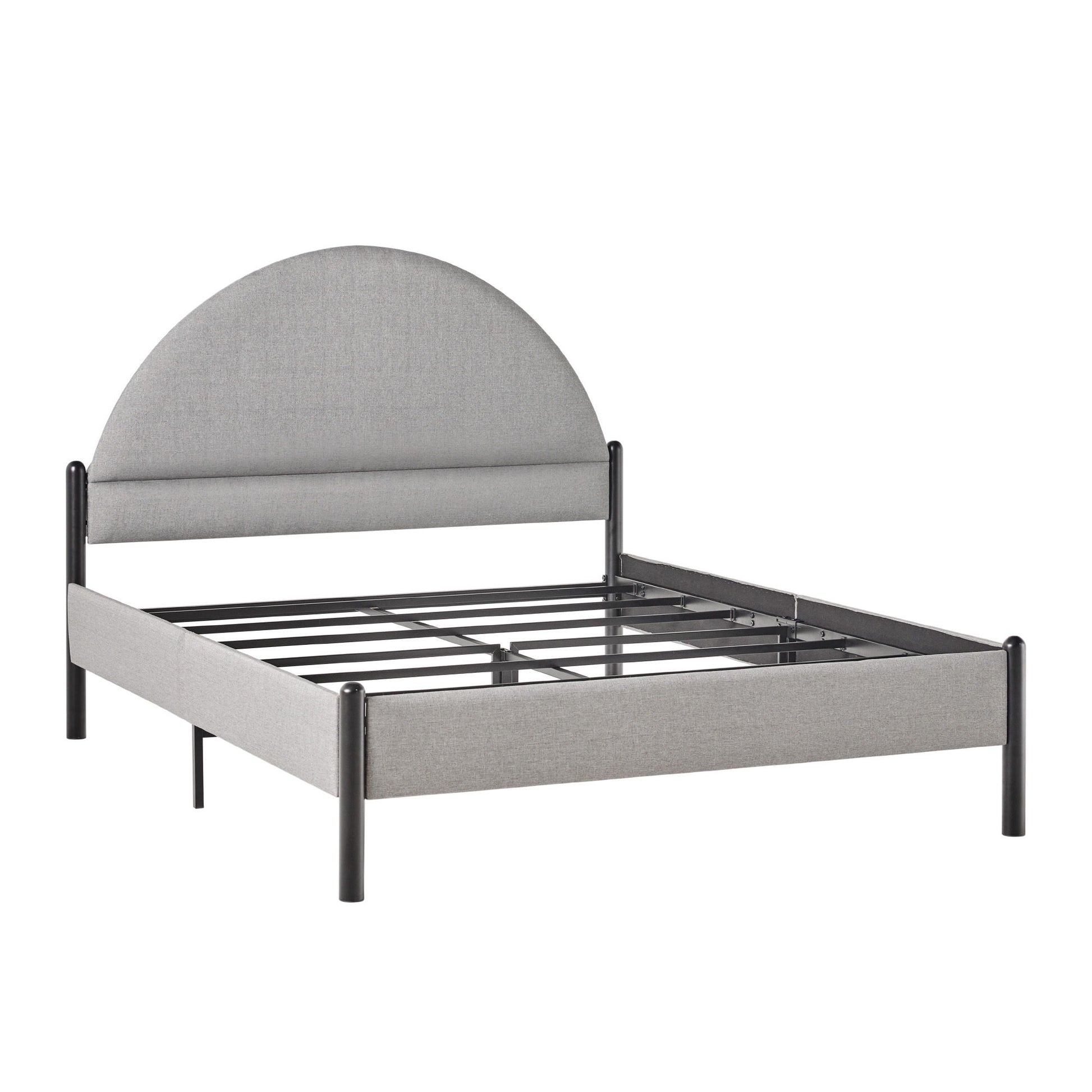 The Bed Modern Upholstered Curved Headboard features a light gray, semi-circular upholstered headboard, black metal legs, a minimalist frame design, and sturdy metal slats for mattress support.