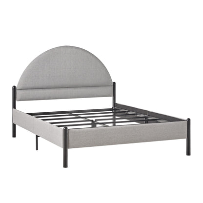 The Bed Modern Upholstered Curved Headboard features a light gray, semi-circular upholstered headboard, black metal legs, a minimalist frame design, and sturdy metal slats for mattress support.