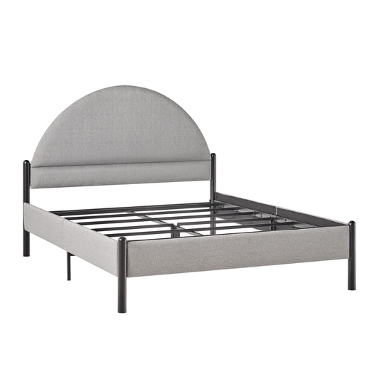 The Bed Modern Upholstered Curved Headboard features a light gray, semi-circular upholstered headboard, black metal legs, a minimalist frame design, and sturdy metal slats for mattress support.