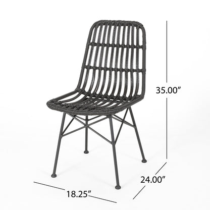 The Sawtelle - Chair features black wicker with a metal frame and legs, measuring 35" tall, 24" deep, and 18.25" wide.