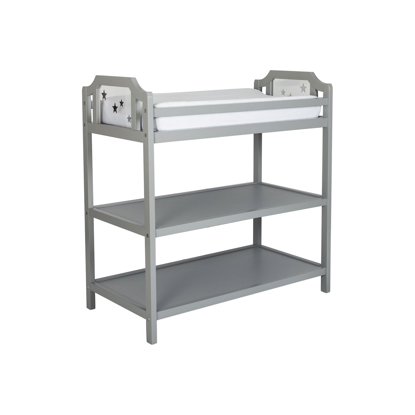The Celeste Changing Table features a gray wooden frame, two lower storage shelves, a white cushioned pad on top, and star cutout designs on the sides. The background is plain white.