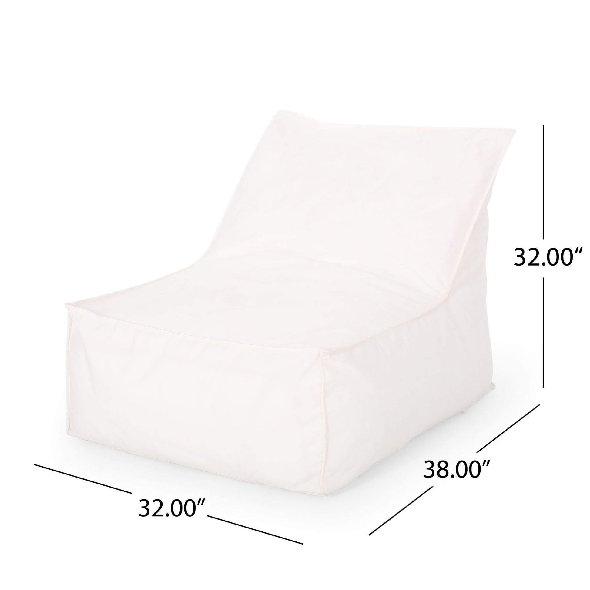 The Ettie Water Resistant Fabric Bean Bag Chair features a white, armless design with a slanted backrest, soft boxy shape, and smooth surface. Dimensions: 32"W x 38"D x 32"H.