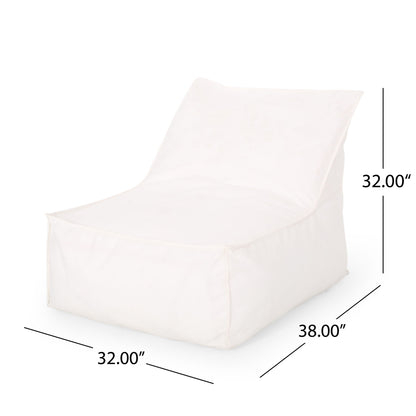 The Ettie Water Resistant Fabric Bean Bag Chair features a white, armless design with a slanted backrest, soft boxy shape, and smooth surface. Dimensions: 32"W x 38"D x 32"H.