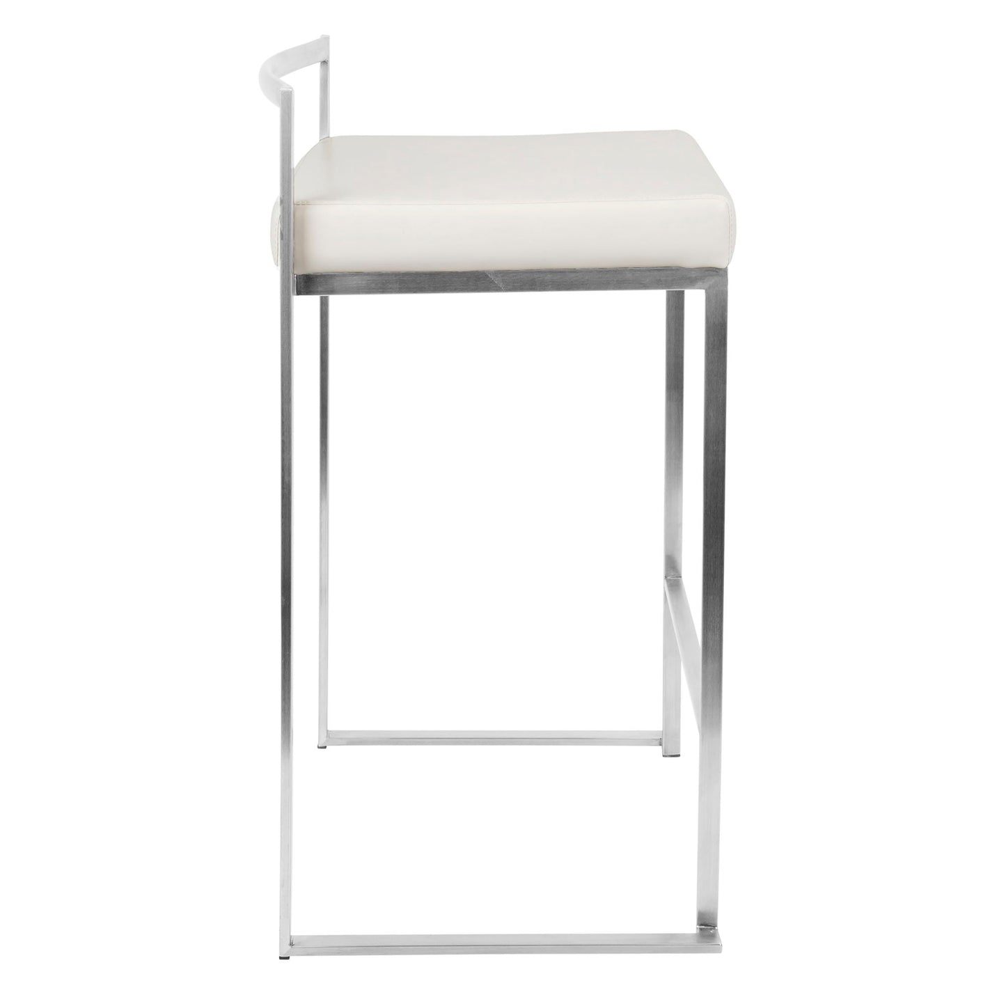 The Fuji Contemporary Stackable Elegant Counter Stool (Set of 2) features a white cushioned seat and a sleek, minimalist metal frame, shown from the side against a white background.