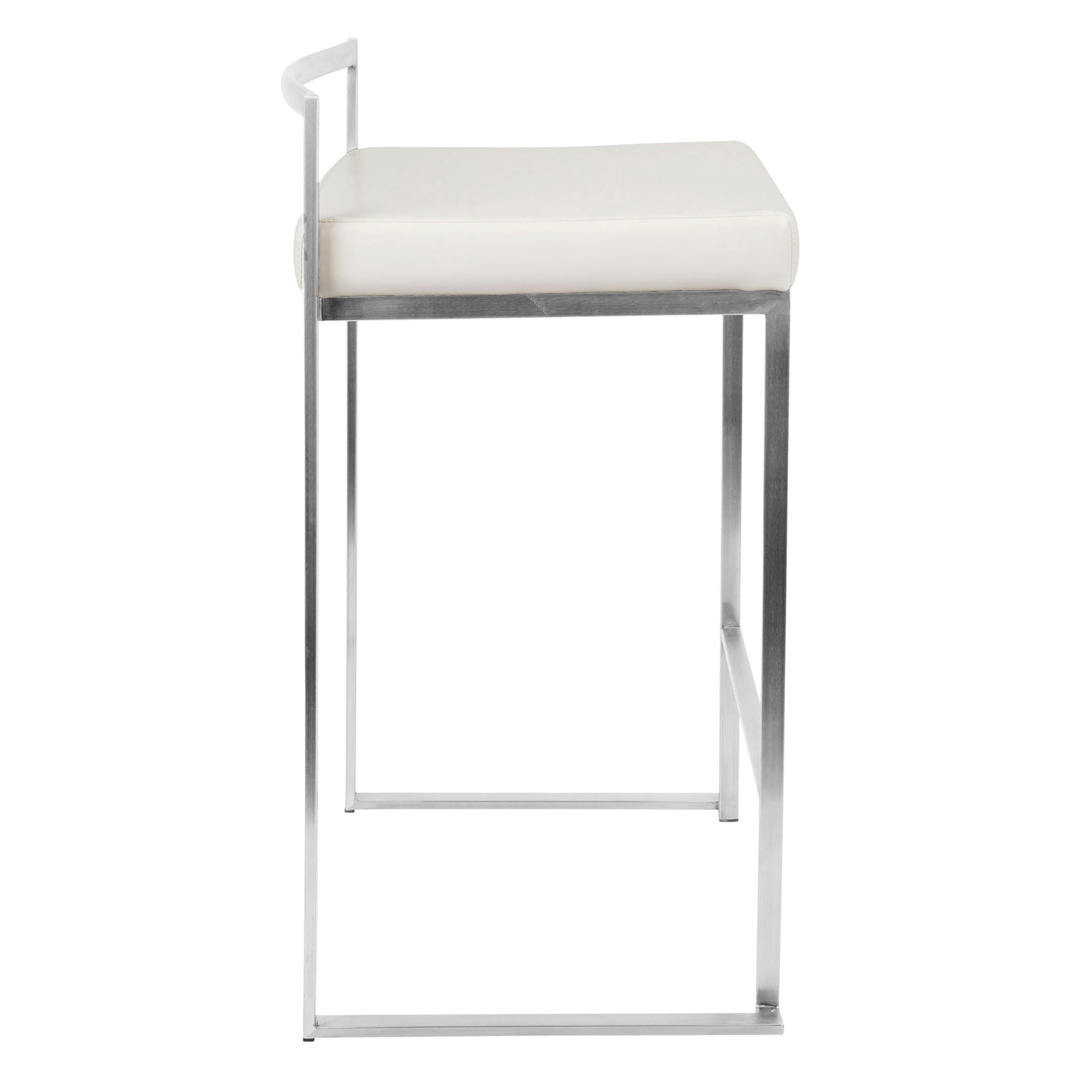 The Fuji Contemporary Stackable Elegant Counter Stool (Set of 2) features a white cushioned seat and a sleek, minimalist metal frame, shown from the side against a white background.