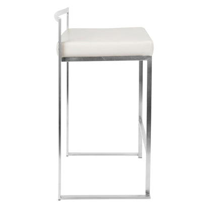 The Fuji Contemporary Stackable Elegant Counter Stool (Set of 2) features a white cushioned seat and a sleek, minimalist metal frame, shown from the side against a white background.