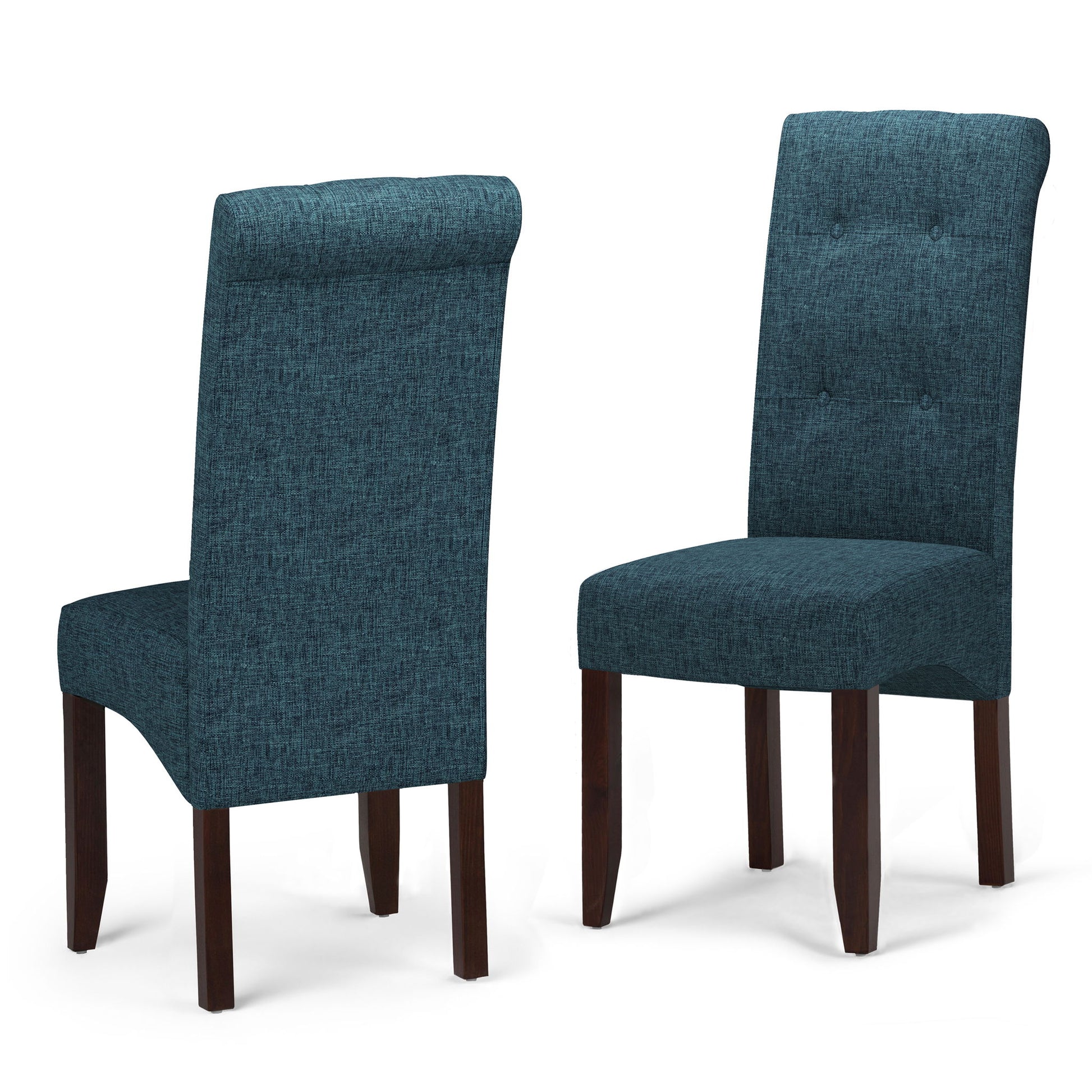 The Cosmopolitan Deluxe Tufted Parson Upholstered Chair set includes two chairs with teal fabric and dark wood legs. One chair shows the button-tufted front, while the other is angled to display the back and side.