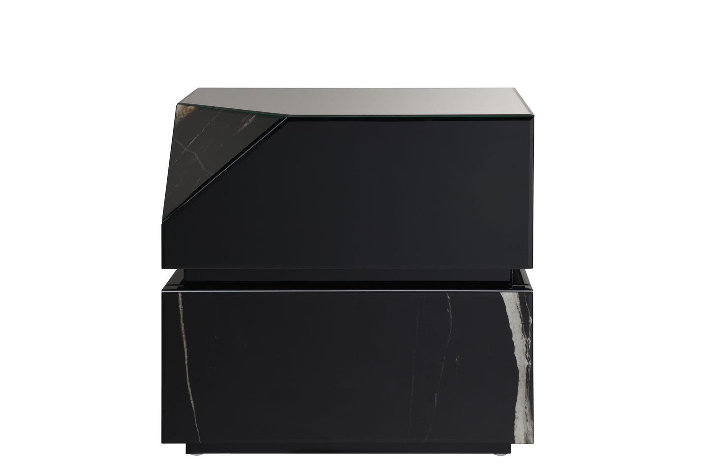 The Drisana Mirrored End Table in black features a modern geometric design, marble-like white veining, a unique diagonal cut on the top drawer, and a sleek, minimalist look.