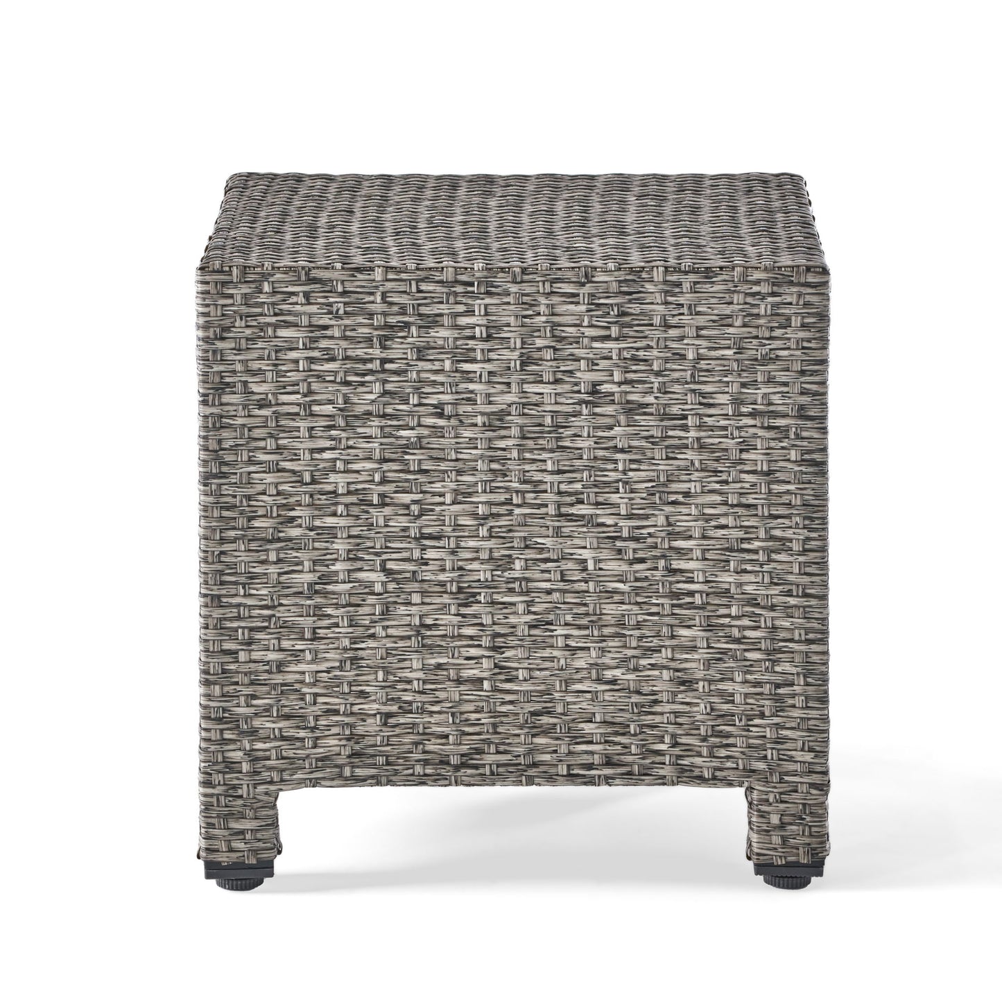 The Puerta Minimalist Style Accent Table features a light and dark gray woven wicker pattern, short legs, and a simple modern design, shown on a white background.