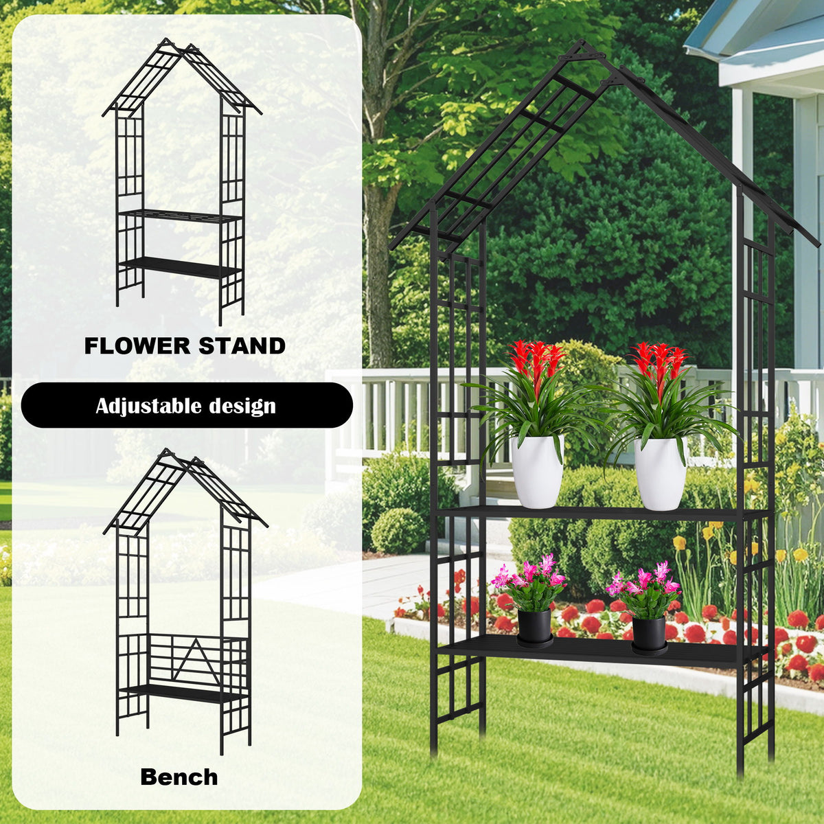 Garden Arch With Bench Turned Into Flower Stand Climbing Plants Support Outdoor - Black