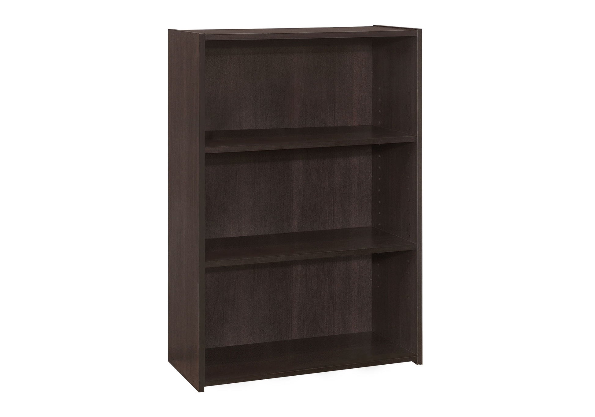 A transitional dark brown 4-tier bookshelf/bookcase, ideal for office use, features a simple, modern design perfect for storing books or displaying items. Shown standing on a white background.