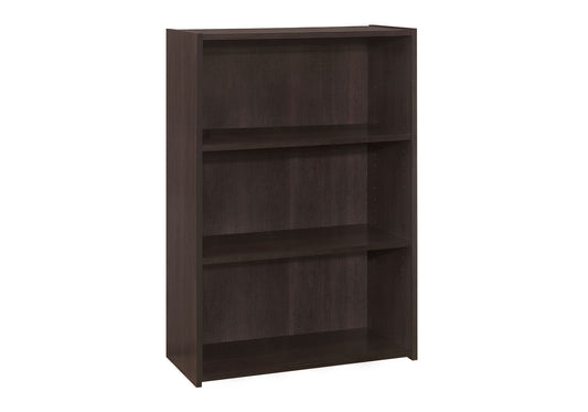A transitional dark brown 4-tier bookshelf/bookcase, ideal for office use, features a simple, modern design perfect for storing books or displaying items. Shown standing on a white background.