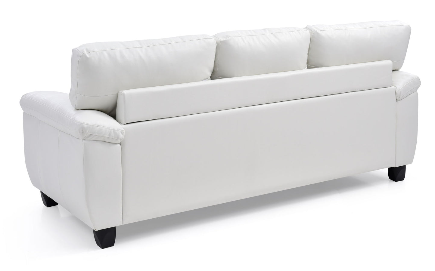 The Comfortable Sofa is shown from the back, with three back cushions, thick armrests, and short black legs, all in white leather against a white background.