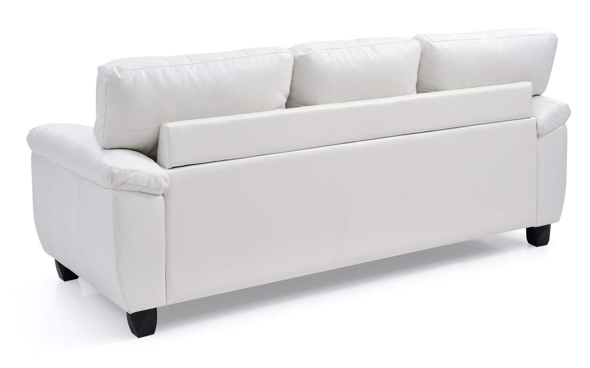 The Comfortable Sofa is shown from the back, with three back cushions, thick armrests, and short black legs, all in white leather against a white background.