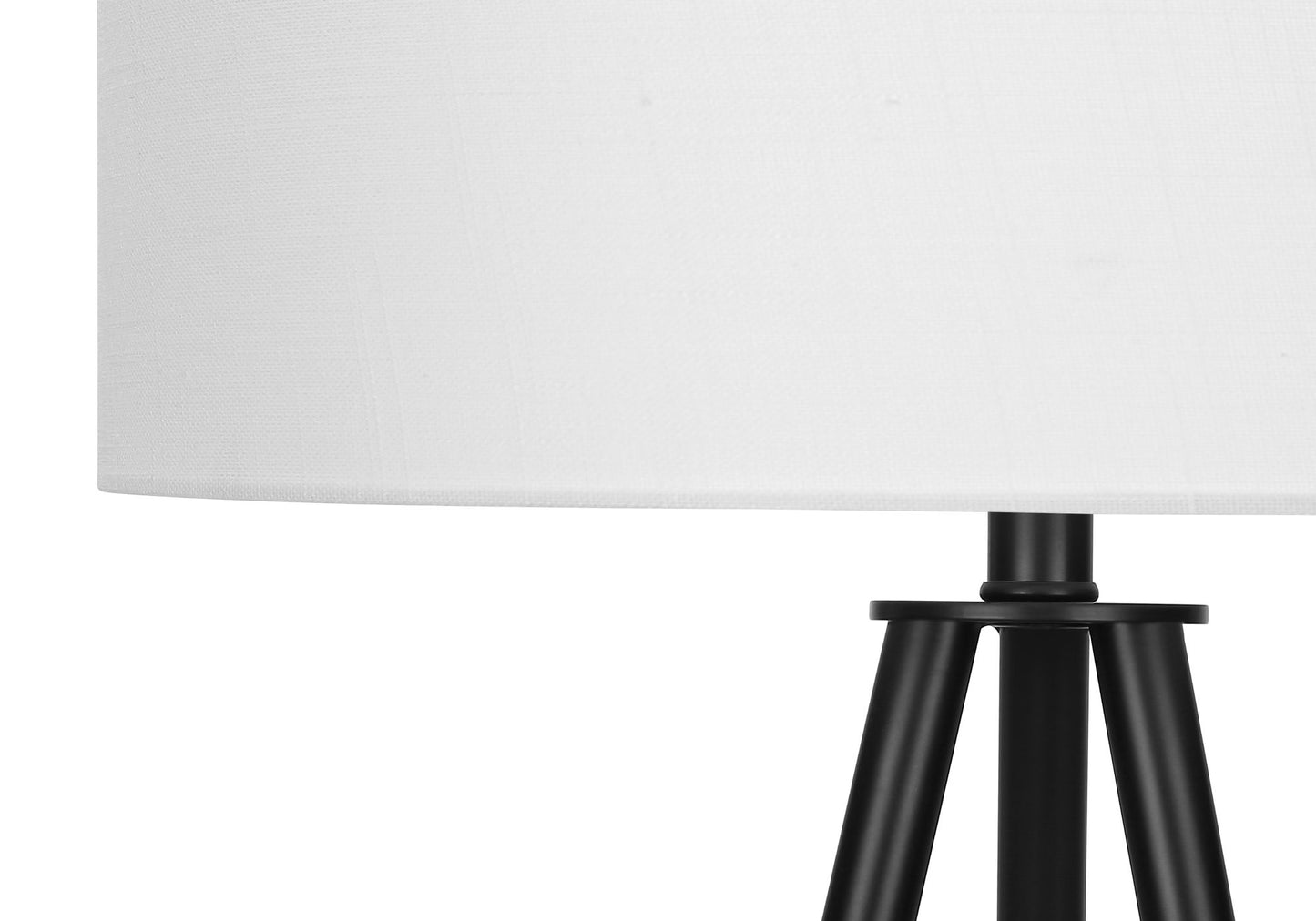 Close-up of the Lighting Floor Lamp Contemporary, featuring a white fabric shade and black tripod-style metal base, set against a plain white background.