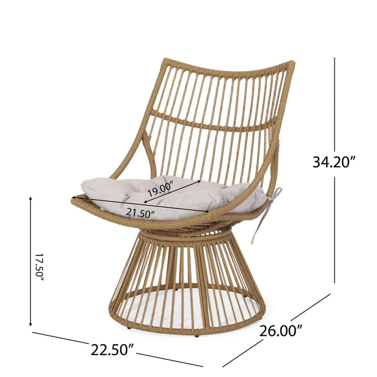 Elaine - Chair & Side Table: Rattan accent chair featuring a round cushioned seat, angled backrest, and flared base. Dimensions: 34.2" H x 26" W x 22.5" D; seat height 17.5", seat depth 19", seat width 21.5".