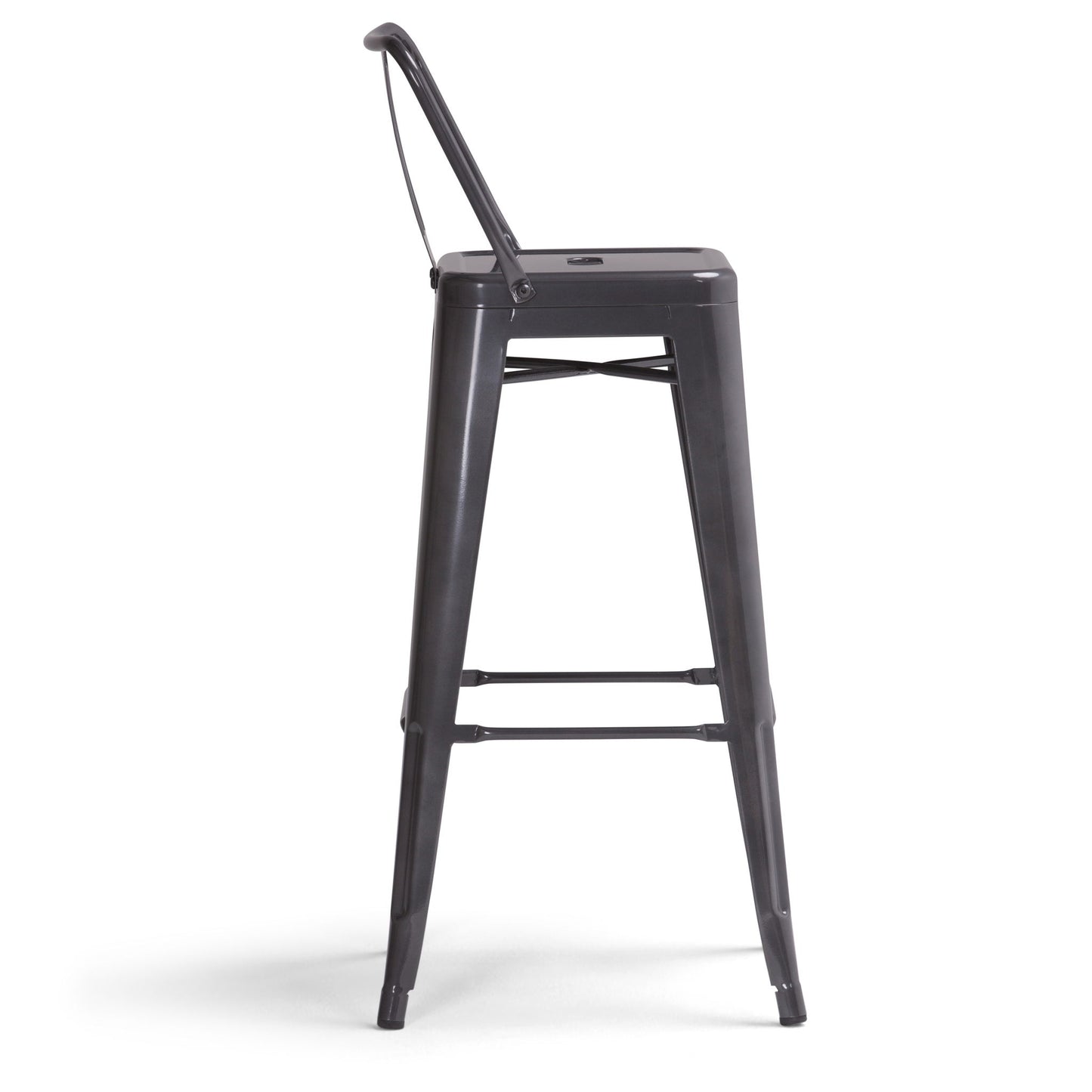 The Rayne - Curved Back Metal Stool (Set of 2) features a simple black metal design with a square seat, low curved backrest, and straight legs joined by support bars. Shown here in side profile.