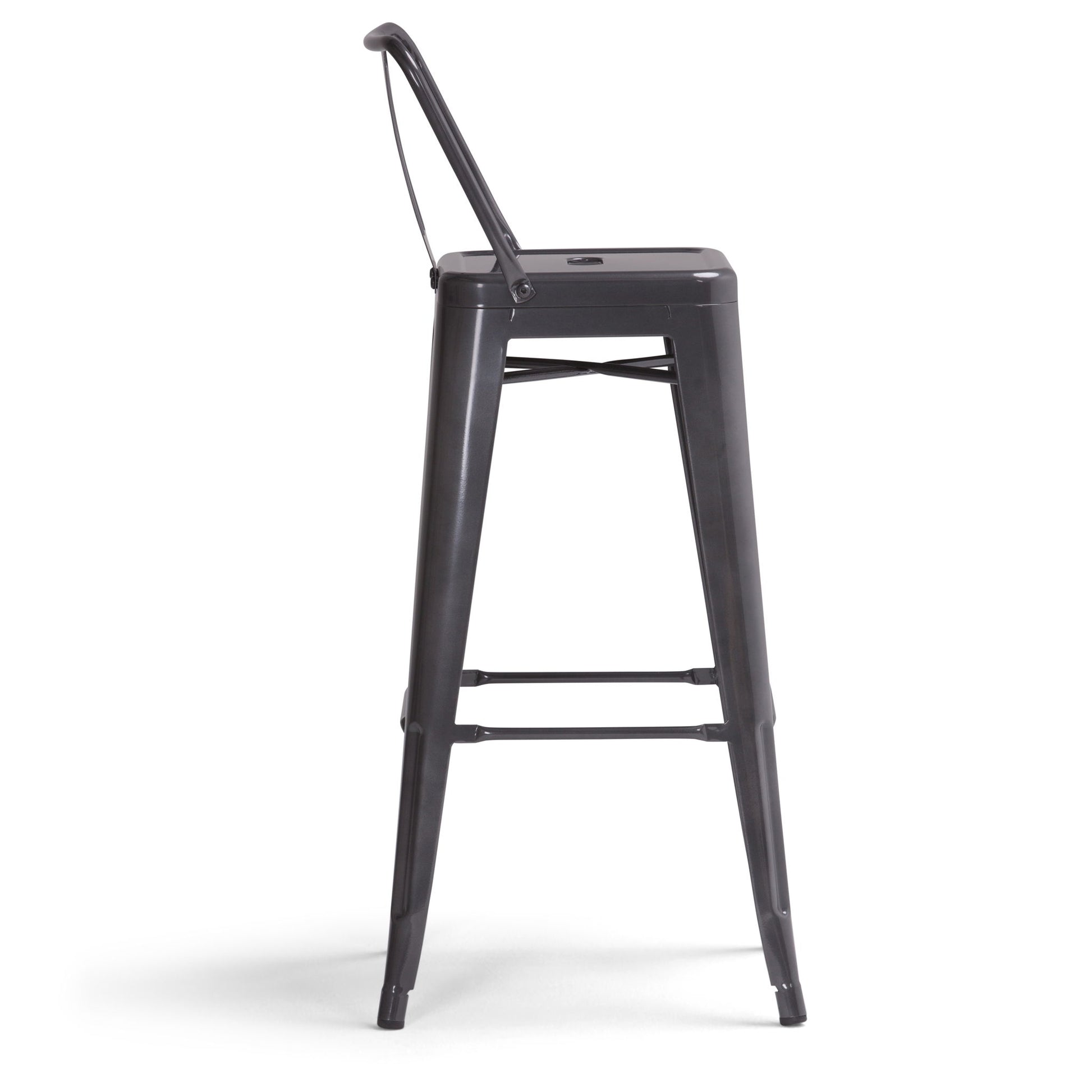 The Rayne - Curved Back Metal Stool (Set of 2) features a simple black metal design with a square seat, low curved backrest, and straight legs joined by support bars. Shown here in side profile.