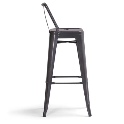 The Rayne - Curved Back Metal Stool (Set of 2) features a simple black metal design with a square seat, low curved backrest, and straight legs joined by support bars. Shown here in side profile.