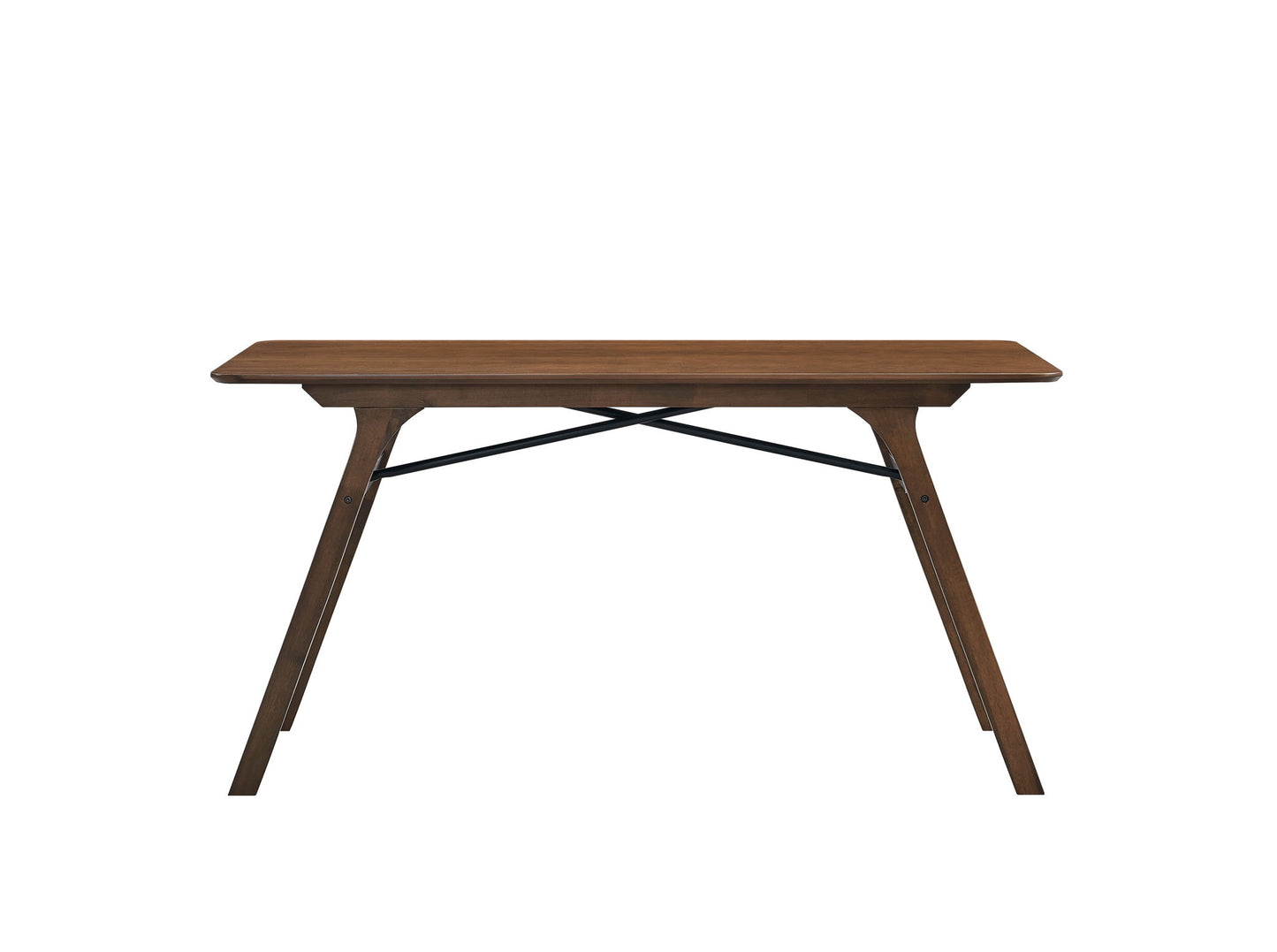 The Kaela Dining Table in walnut features a rectangular wooden top, angled legs, and a black metal support bar for a minimalist, mid-century modern look. Shown against a plain white background.