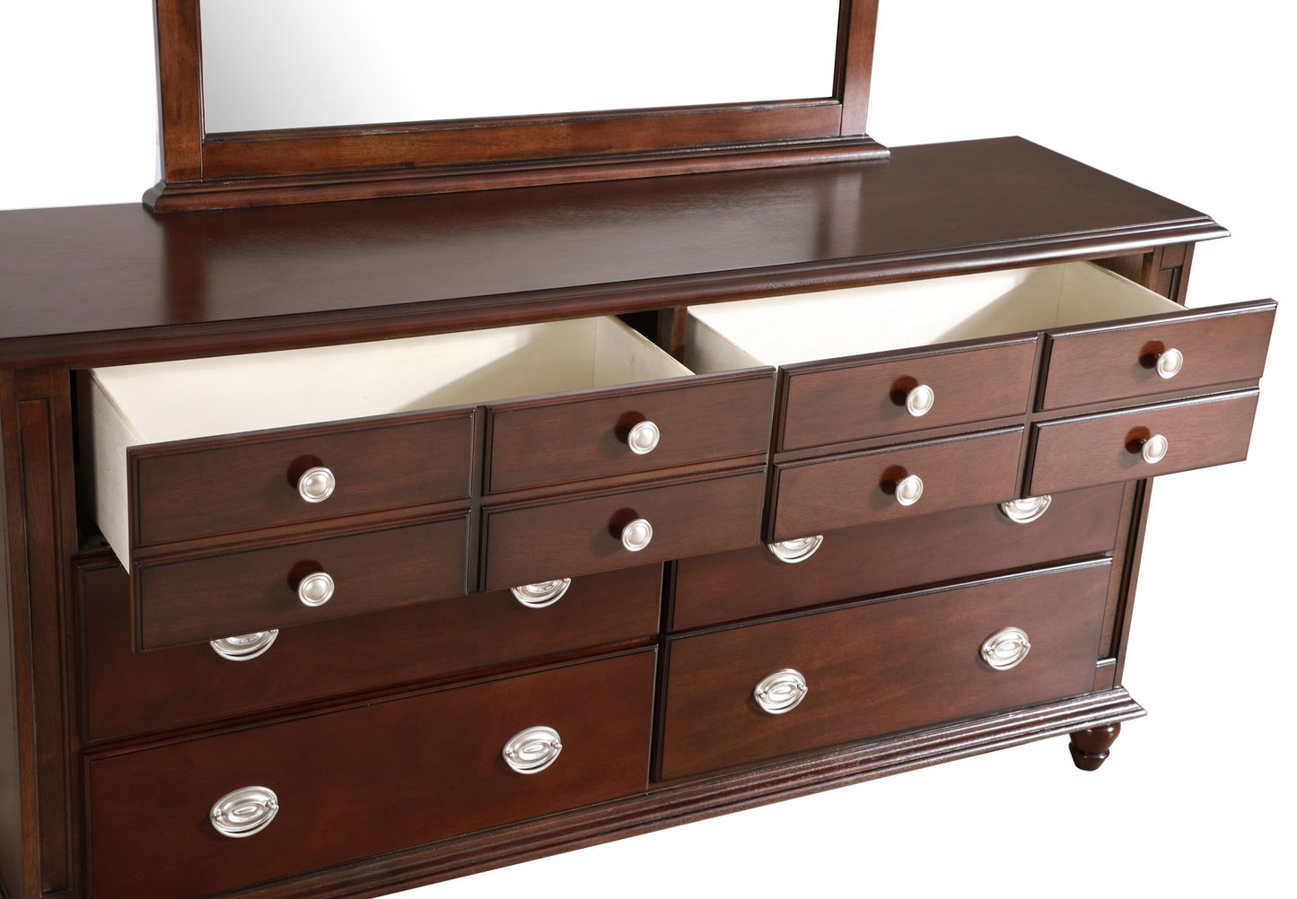 The Elegant Traditional Dresser features dark wood, eight silver-handled drawers (four open to reveal light interiors), and a large mirror attached to the back.