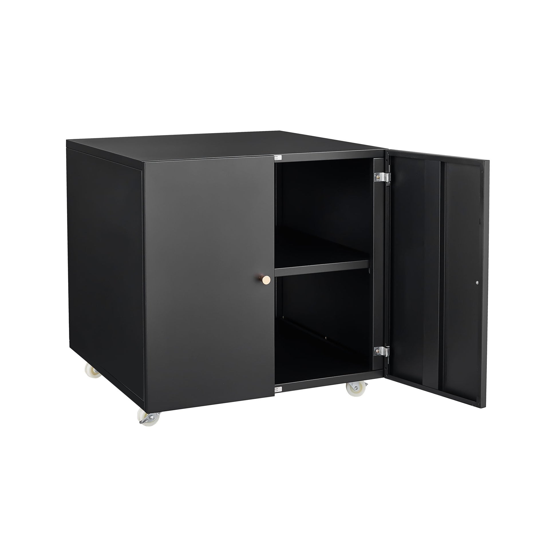 The Office Furniture Copier Cabinet is a black steel, mobile pedestal stand with two doors, revealing interior shelving. Its simple, modern design makes it ideal as a copier or printer stand in any office.