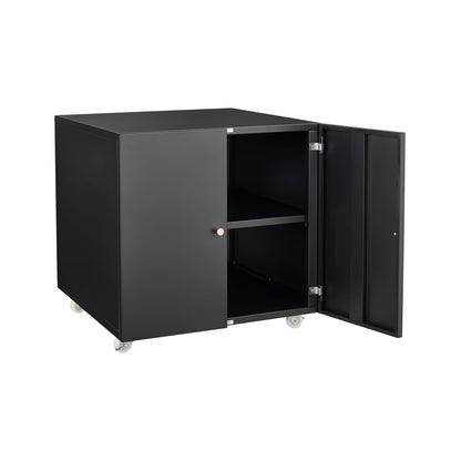 The Office Furniture Copier Cabinet is a black steel, mobile pedestal stand with two doors, revealing interior shelving. Its simple, modern design makes it ideal as a copier or printer stand in any office.