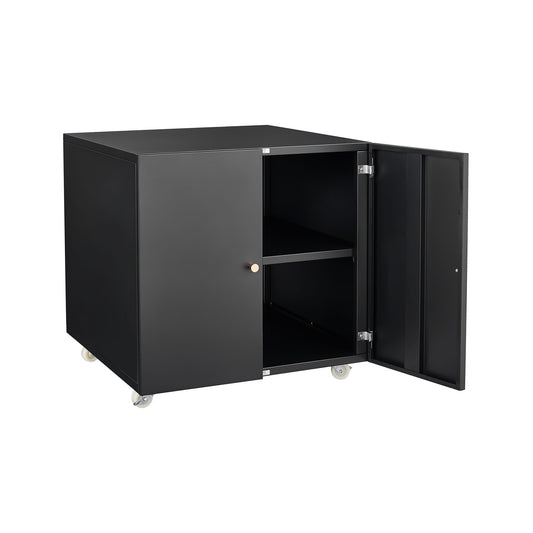 The Office Furniture Copier Cabinet is a black steel, mobile pedestal stand with two doors, revealing interior shelving. Its simple, modern design makes it ideal as a copier or printer stand in any office.