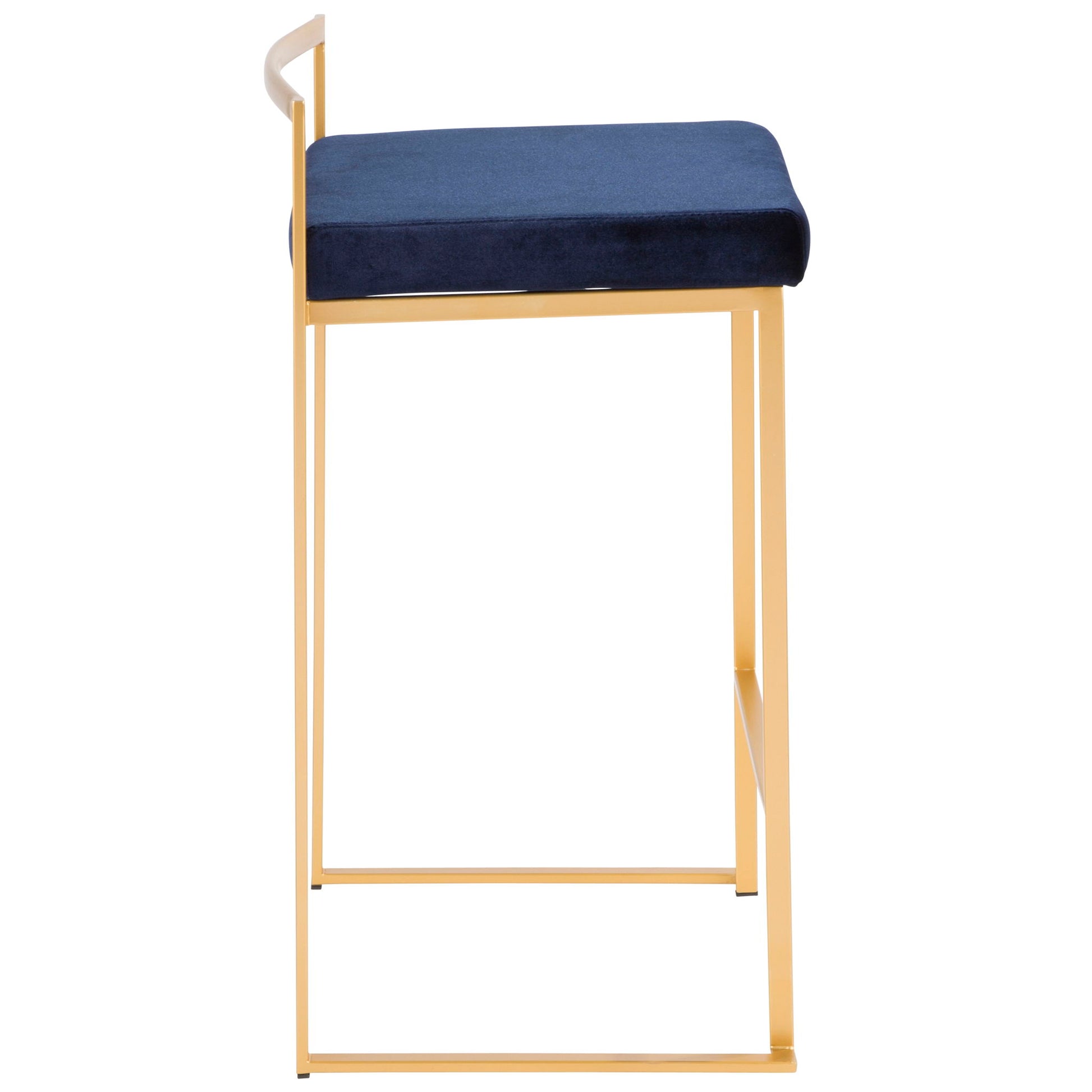 Side view of the Fuji Contemporary/Glam Design Counter Stool (Set of 2), featuring a gold metal frame and navy blue cushioned seat. Minimalist with clean lines and an open back for a sleek modern look.