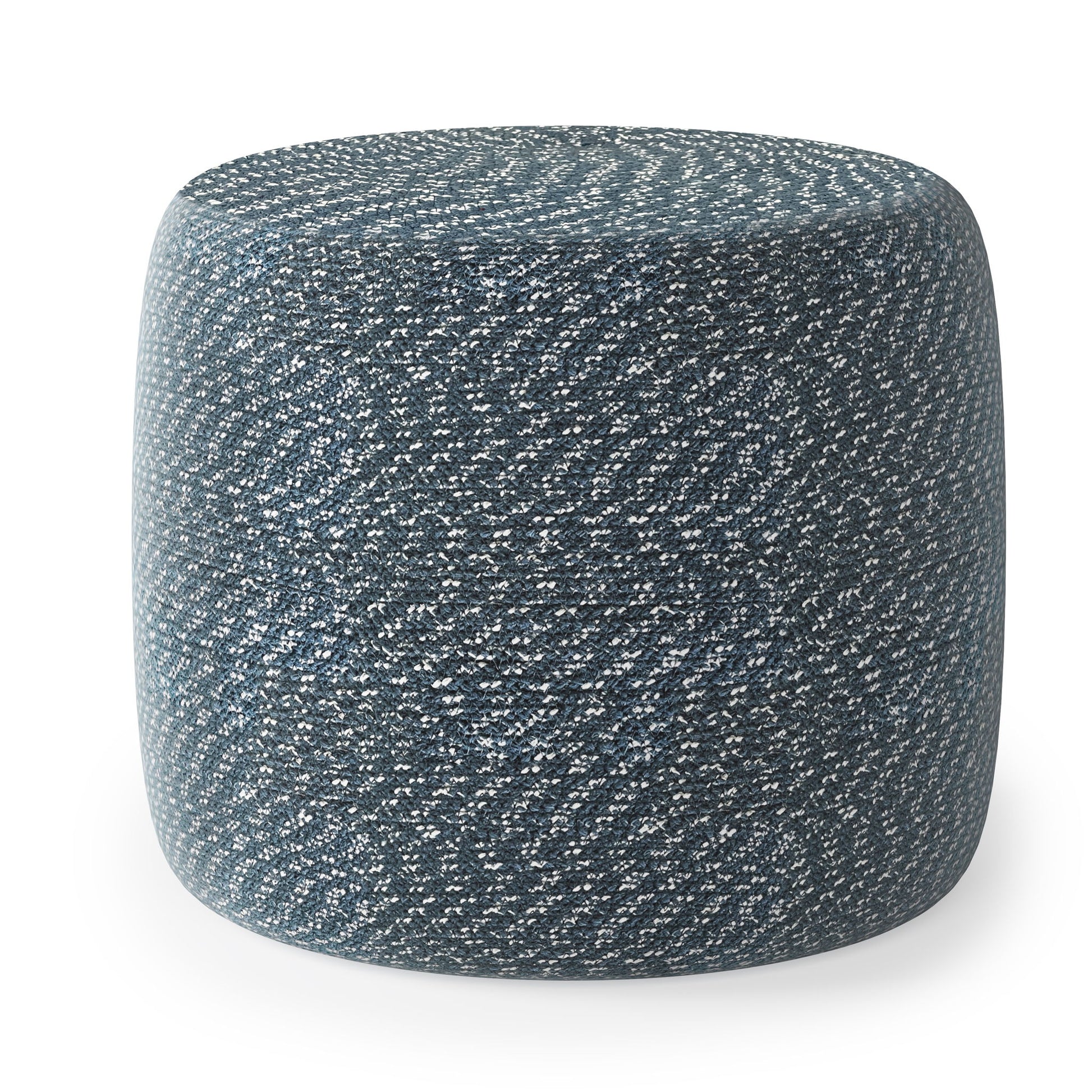 The Bayley - Versatile Round Braided Pouf features a textured blue and white woven design, shown here against a plain white background.