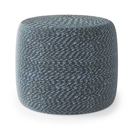 The Bayley - Versatile Round Braided Pouf features a textured blue and white woven design, shown here against a plain white background.
