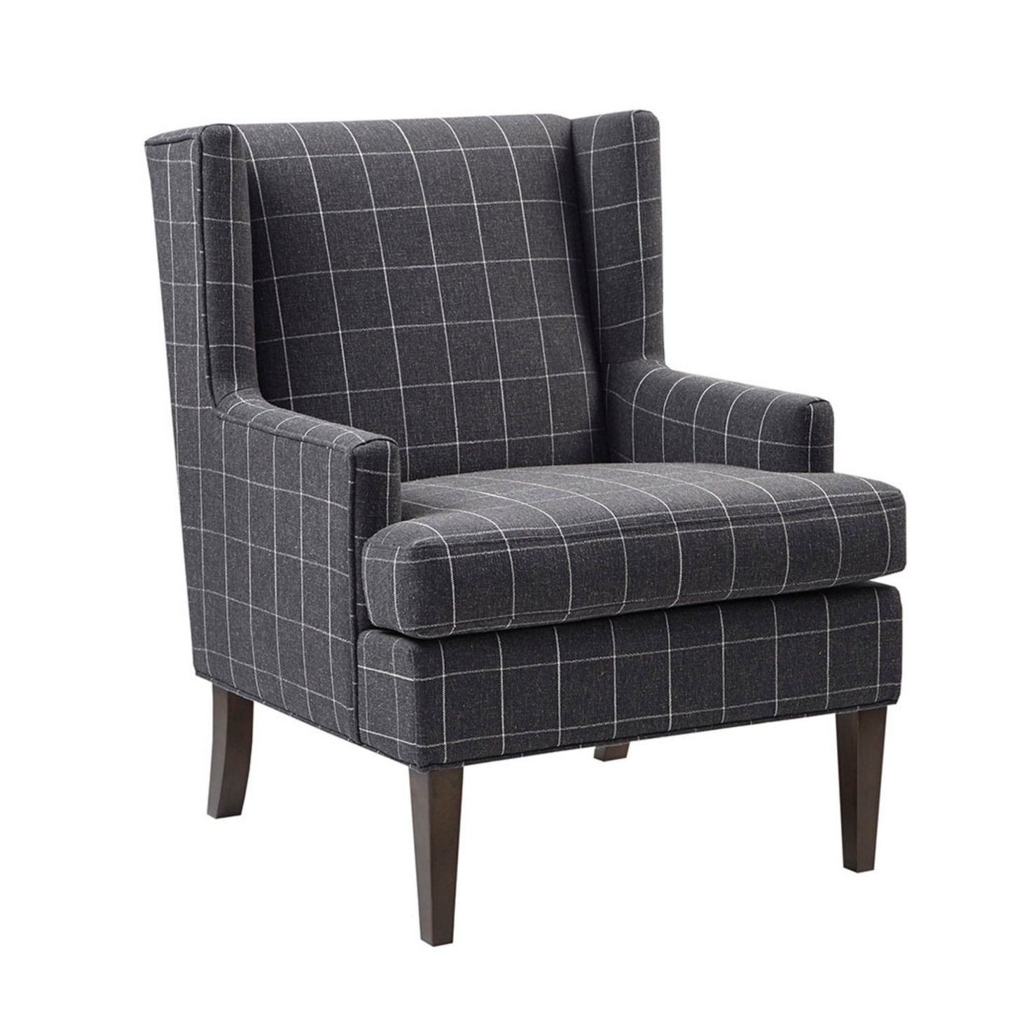 The Fancy Design Farmhouse Accent Chair features dark gray upholstery with a white grid pattern, straight armrests, a high back, and wooden legs.