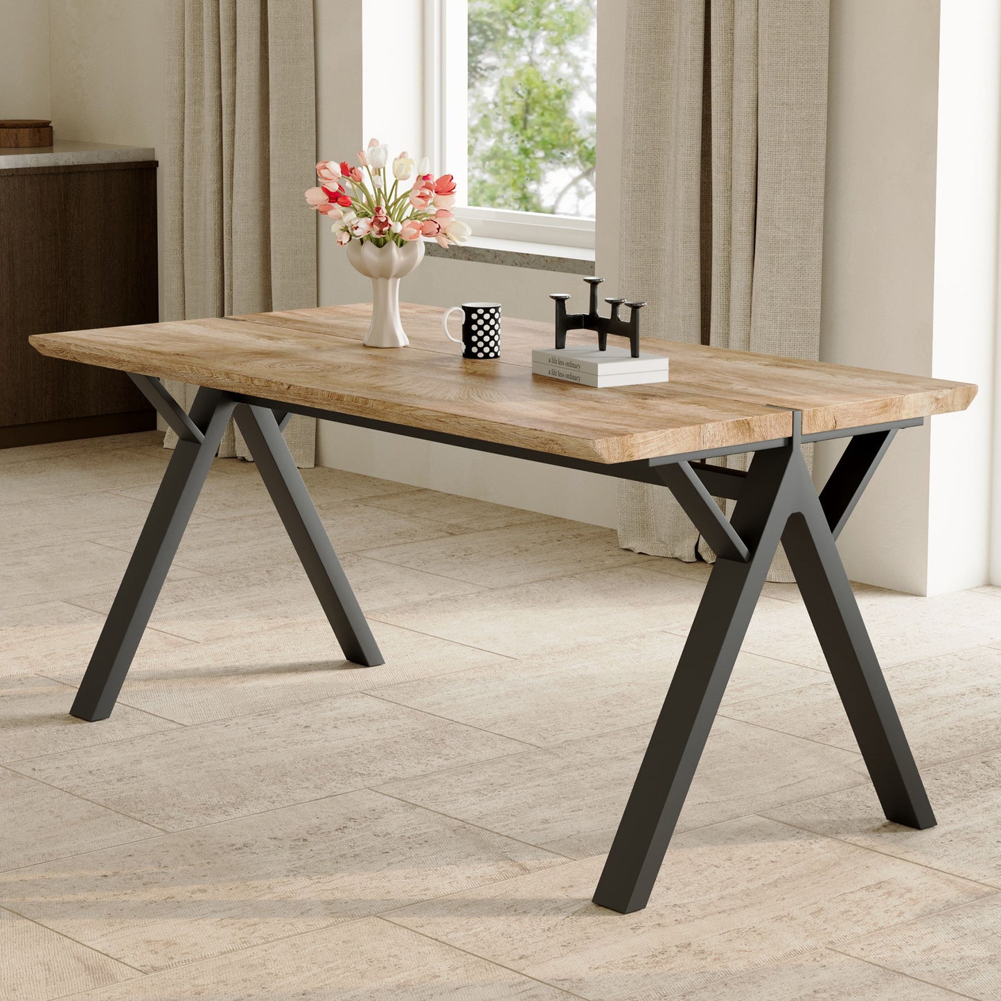 Wood Textured Dining Table With A Frame Legs.Density Board Sticker Pipe Spraying, Suitable For Various Occasions Such As Living Rooms - Black
