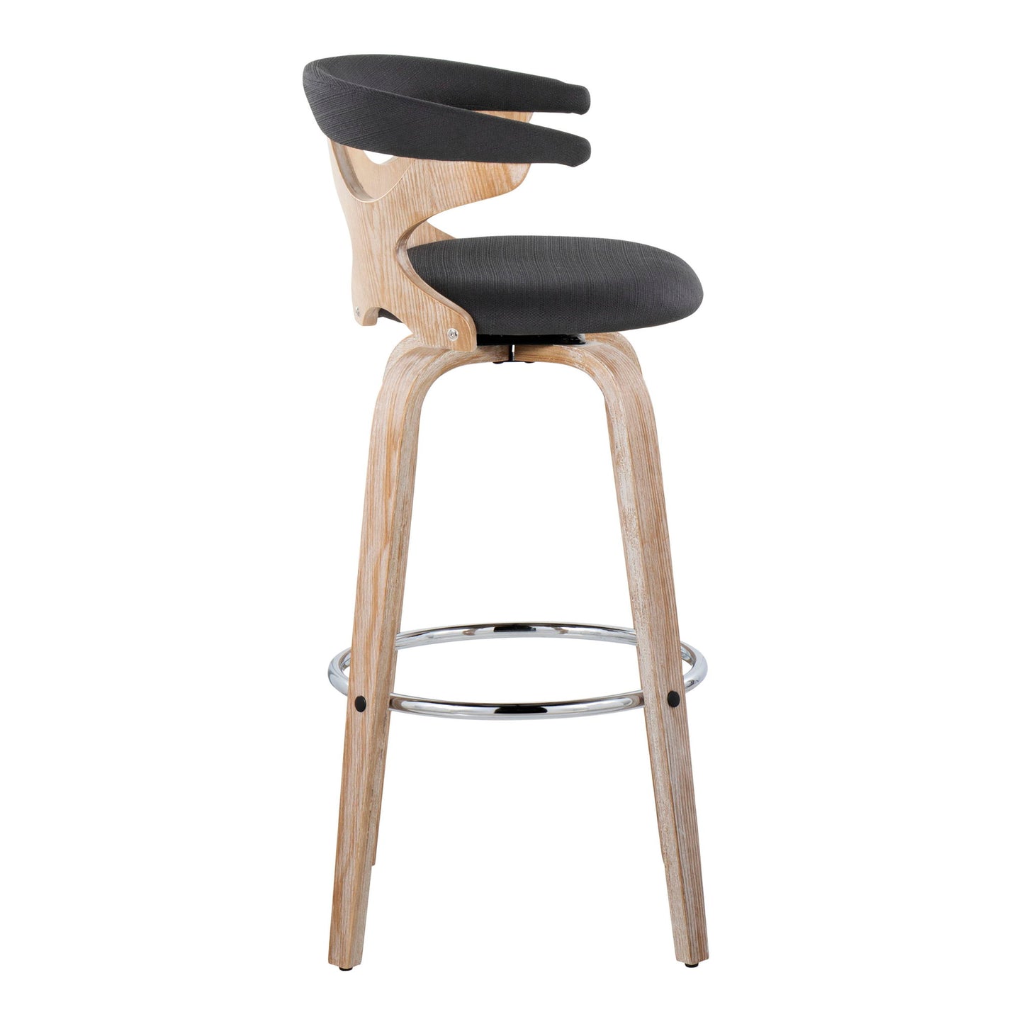 The Gardenia Contemporary Fixed Height Barstool (Set of 2) features a light wood frame, curved backrest, round footrest, and swivel. Upholstered in dark gray fabric with seat and back cushions, it offers an open, modern design for any space.