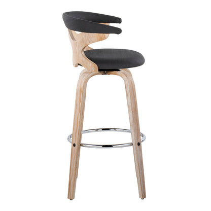 The Gardenia Contemporary Fixed Height Barstool (Set of 2) features a light wood frame, curved backrest, round footrest, and swivel. Upholstered in dark gray fabric with seat and back cushions, it offers an open, modern design for any space.