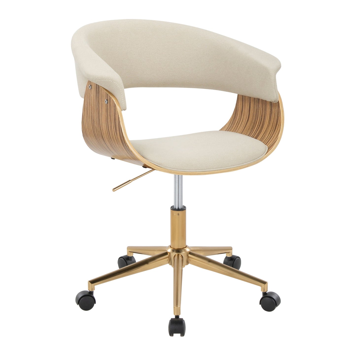 The Vintage Mod - Mid-Century Modern Office Chair features a curved wooden frame, cream cushioned seat and backrest, gold metal base, and five black caster wheels.