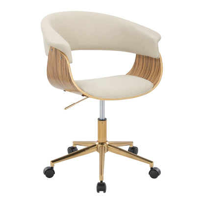 The Vintage Mod - Mid-Century Modern Office Chair features a curved wooden frame, cream cushioned seat and backrest, gold metal base, and five black caster wheels.
